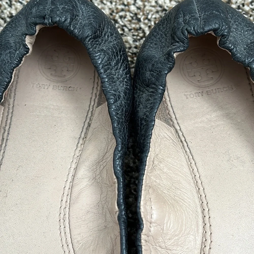 Tory Burch Gold Logo Melinda Black Leather Flat, worn